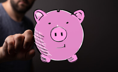 Conceptual image of a man interacting with a digital piggy bank illustration, symbolizing savings and finance.