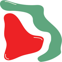 Vibrant red and muted green abstract fluid shapes with minimalist white highlight details.