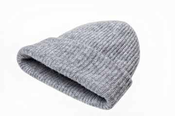 Knitted gray hat isolated on white background