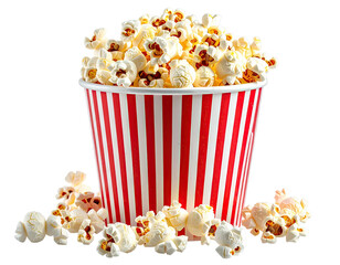 A paper popcorn bucket overflowing with kernels