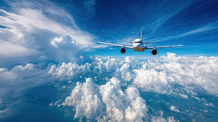 Airplane soaring above fluffy clouds in a vast blue sky.