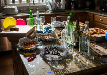 Messy kitchen counter showing the aftermath of a New Year's Eve party. Leftover pizza, empty bottles, and confetti from a celebration.