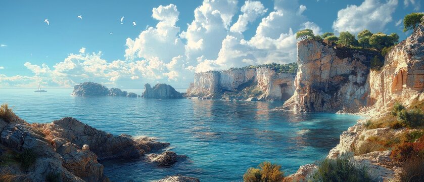 Mediterranean Coastal Paradise: A Serene Seascape - Powered by Adobe