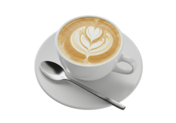 transparent ceramic coffee cup with creamy latte and intricate heart-shaped latte art, elegant stainless steel spoon on seamless transparent background. Concept of premium coffee