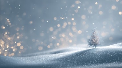 Minimalist Christmas snowy hill with soft bokeh stars, faint glowing tree in background, dreamy cinematic winter backdrop