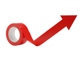 Bright red arrow unrolling from vibrant red tape, smooth and precise, pointing right, isolated on a transparent studio background with bright lighting, no shadows, commercial direction concept