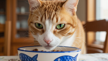 Close-up of a ginger cat with green eyes eating dry food from a bowl. Domestic feline at mealtime. Pet care and nutrition concept.