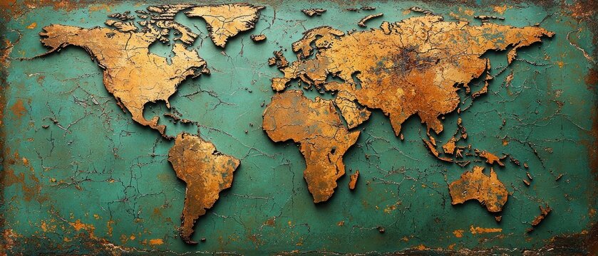 World Map, Antique Gold and Teal Texture