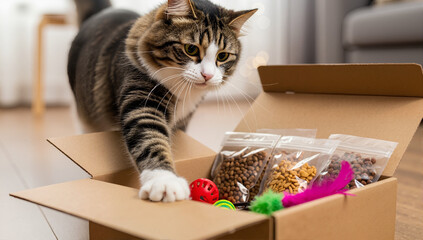 Curious tabby cat unboxing a subscription box full of pet supplies. Delivery package with cat food and toys. Pet care and online shopping concept.