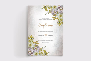 WEDDING INVITATION FRAME WITH FLOWER DECORATIONS AND FRESH LEAVES