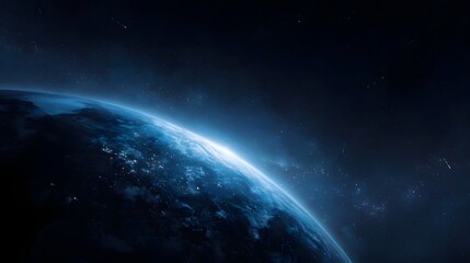 Fototapeta premium View of Earth from space at the terminator line showing city lights on the dark side against a starry backdrop