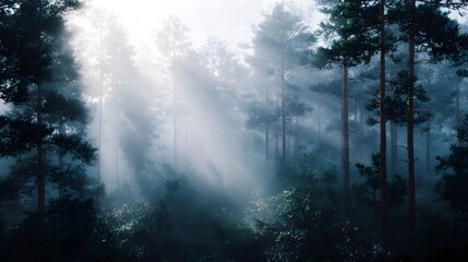 Misty forest scene with sunbeams filtering through the trees creating a serene and atmospheric natural landscape