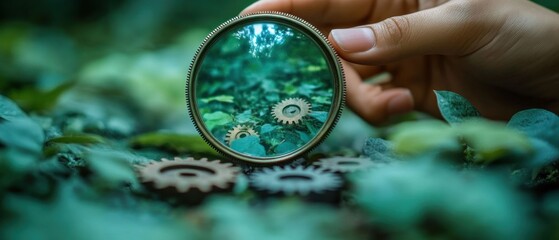 Nature's intricate machinery: A magnifying glass reveals the gears within the lush green foliage, symbolizing the interconnectedness of ecosystems and sustainable technology.