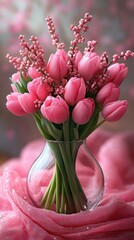 A Delicate Bouquet of Pink Tulips in a Glass Vase