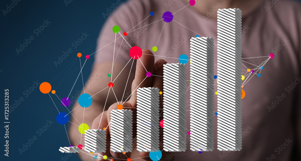 Poster hand interacting with a 3d bar graph showcasing upward trend, data visualization, business growth.