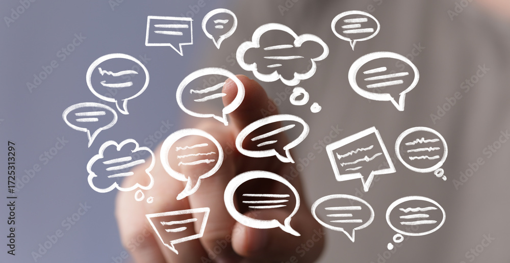 Poster abstract image of hand interacting with speech bubbles, symbolizing communication and ideas.