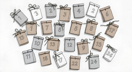 A hand-drawn illustration of a DIY advent calendar. Flat lay composition of numbered paper gift bags for the Christmas countdown. Holiday tradition concept.