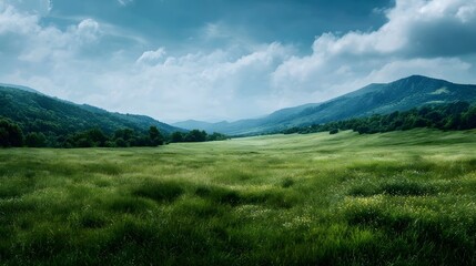 Fototapeta premium A vast sunlit green meadow stretches towards rolling tree covered hills under a dynamic cloudy sky