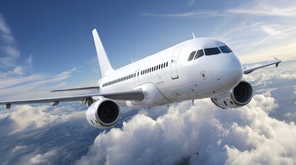 Fototapeta premium White jet airplane soaring through a cloudy sky.