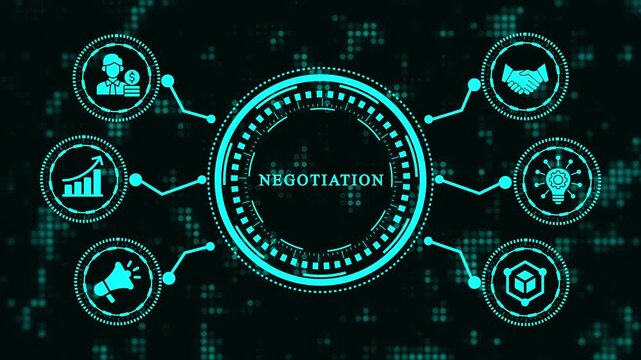 Negotiation concept with icons representing different aspects of the process, such as agreement, compromise, and communication, on a dark digital background with a pattern