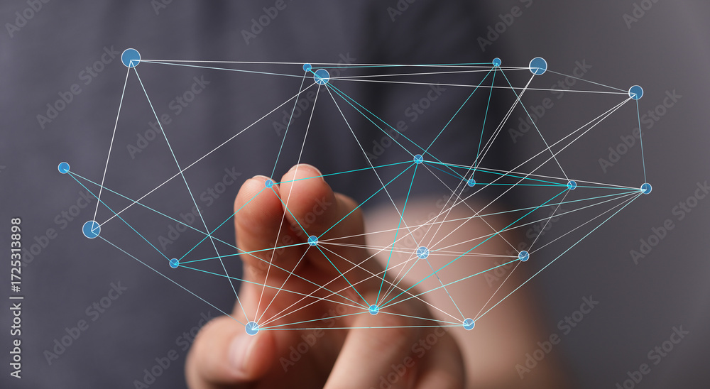 Poster abstract image of a hand interacting with a digital network, showcasing connection and technology.