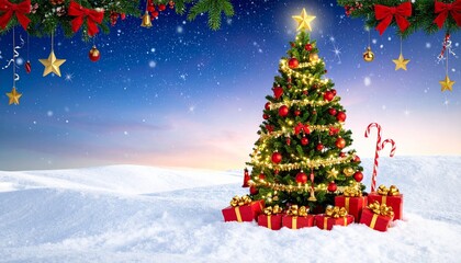 Obraz premium Christmas tree in snowy night landscape with glowing lights, ornaments, gifts, and festive border.