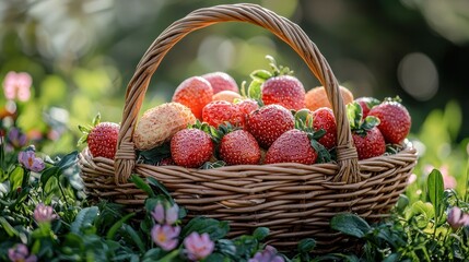 A Basket Full of Freshly Picked Strawberries in a Lush Garden