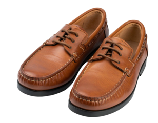Pair of light brown leather boat shoes, lace-up style,  with visible stitching and soles