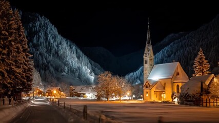 Snowy mountain village at night, illuminated by warm lights, showcasing a church and homes nestled in the valley.