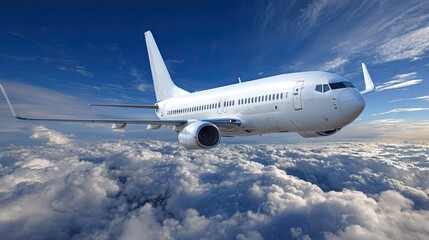 Fototapeta premium White airplane soaring through a fluffy cloud layer.