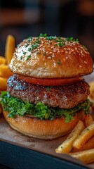 Juicy Gourmet Burger with Sesame Bun and Crispy Fries