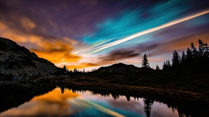 Obraz premium meteor. Vibrant meteor trails painting the night sky, mirrored perfectly in a tranquil alpine lake. travel magazines, destination branding, designed for outdoor magazines and nature guides.