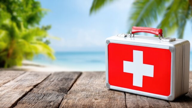 Red first aid kit rests on a wooden surface near a tropical beach with palm trees and calm blue waters during a sunny day in the summer season - Powered by Adobe