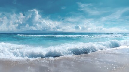A serene beach scene with gentle turquoise waves rolling onto the sandy shore under a bright cloudy blue sky