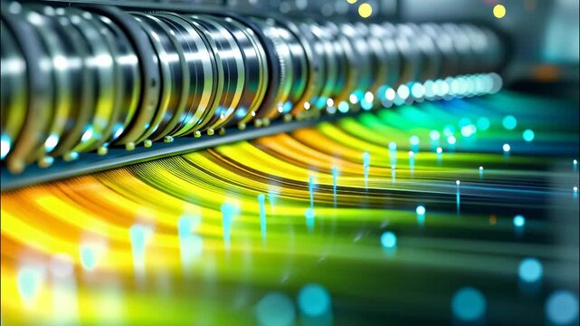 Industrial printing machine producing a vibrant spectrum of colors, showcasing the dynamic of process technology printing modern video 4k