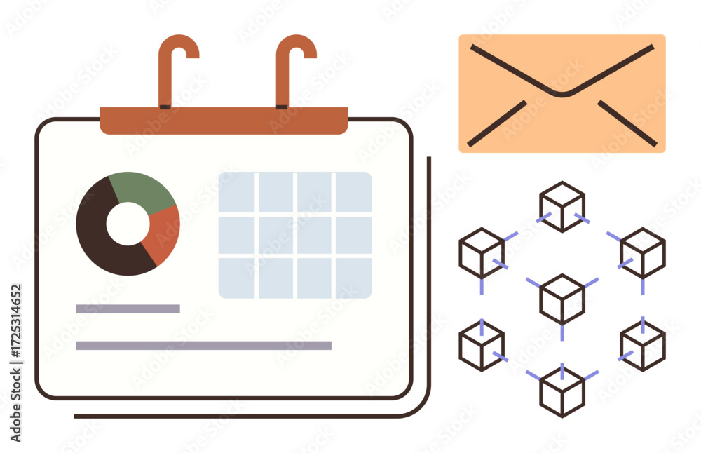 Poster calendar with pie chart and grid layout, network of interconnected cubes, and envelope. ideal for pl