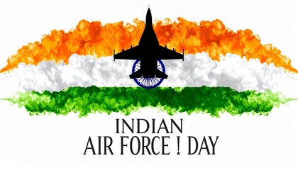 Silhouette of fighter jet over Indian flag colors with Ashoka Chakra and Air Force Day text.