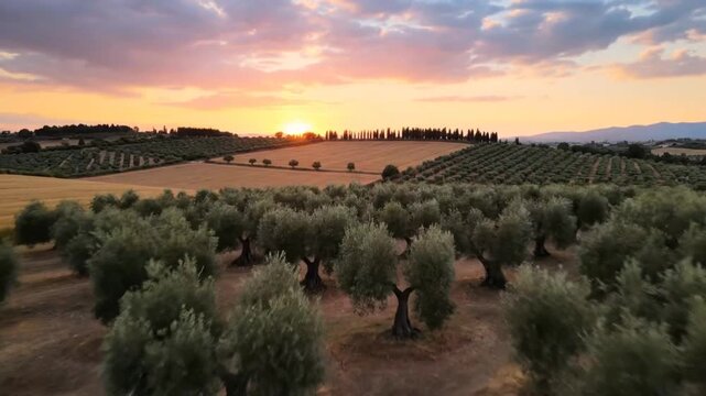 Golden hour bathes the tuscan countryside, illuminating olive groves and distant hills under a sky ablaze with sunset colors, creating a serene and picturesque scene