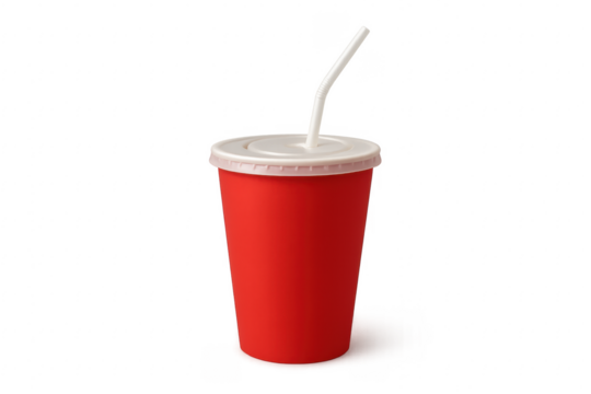 Red disposable fast food drink cup with straw