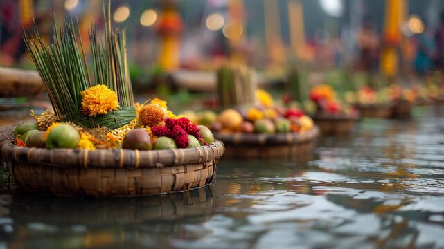Traditional Chhath Puja Bamboo Baskets with Offerings