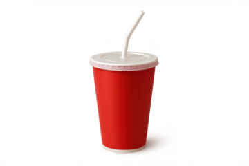 Red disposable paper cup with straw for refreshing drink
