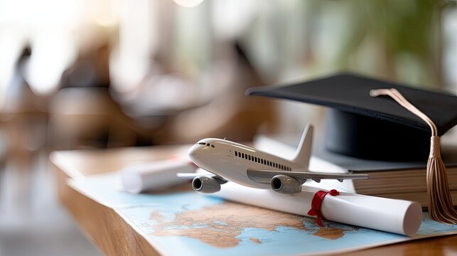 Graduating student prepares for world travel with diploma, airplane model, and map in study area - Powered by Adobe