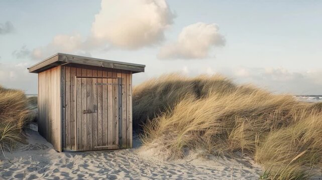 A rustic outhouse situated on a sandy beach, with a natural backdrop