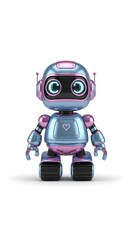 A charming, metallic robot, rendered in pastel shades of purple and blue, stands poised against a pure white background.