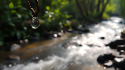 Captivating droplet gracefully suspended above serene forest stream, reflecting lush greenery and sunlight, epitomizing sustainable nature's tranquility.