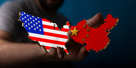 Image depicting US and China maps held in hands, symbolizing global trade, political relations, and...
