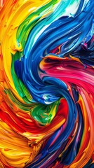 Vibrant swirling rainbow paint strokes forming abstract background with seamless color flow, evoking joy and creativity with intricate dynamic patterns.