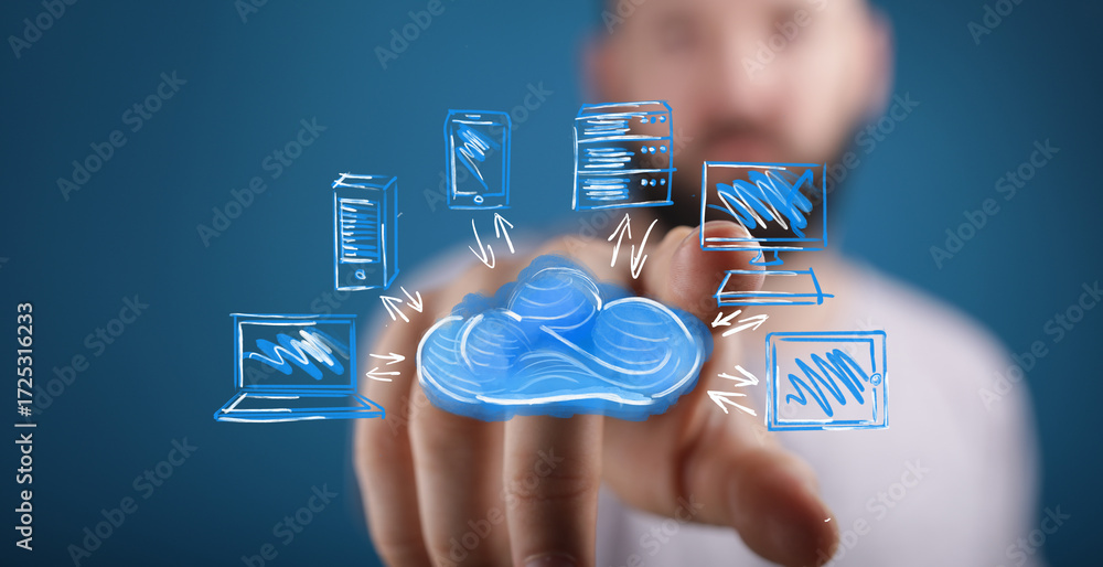 Poster conceptual image of cloud computing, data transfer, network, technology, innovation, digital transfo