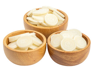 Three wooden bowls filled with sliced, pale-white food rounds