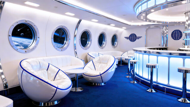 - Space lounge interior futuristic white and blue sci-fi bar